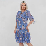Évelyne™-Kleid mit Zartem Blumenmuster und 3/4-Ärmeln – Blau