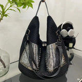 Damen Retro Mesh Patchwork Leder Tote Tasche – Große Kapazität Umhängetasche für Alltag – Silber