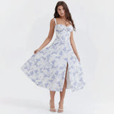 Linda | Damen Blumenkleid Korsett Seitenschlitz Midi – Blumen Korsett Midi 2026 – Blaues Blumen-Linsay