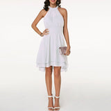 Zaleia – Elegantes Chiffonkleid mit hohem Kragen – Weiß