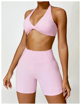 Sportedly 2-teiliges Damen Yoga Outfit: Nahtloser Sport-BH, Sexy Gym Shorts & Leggings – Rosa