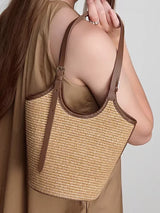 Boho Rattan Strandtasche Damen – Handgefertigte Schultertasche Sommer – Khaki