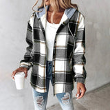 Liene – Karierte Hemd Jacke Mit Kapuze Und Knöpfen – Schwarz