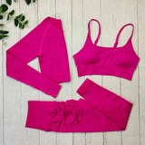 Yoga Set Langarmoberteil Fitnesshose 2-teilig - Atmungsaktiv & Bequem für Frauen – 3PCS Rosa Rot