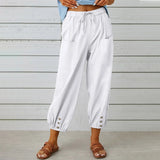 Kobe™ Baumwoll-Leinen-Hose mit Fronttaschen und verstellbarem Kordelzug – Weiß