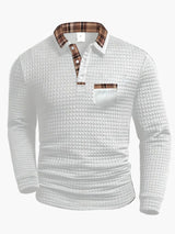 Herren-Polo mit langen Ärmeln im Casual-Stil mit kariertem Kragen, ideal für einen modernen und eleganten Look – Weiß