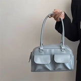 Vintage-Stroh Strandtasche mit veganem Leder – Blau
