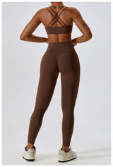 Elegantes 2-teiliges Damen Yoga Outfit mit Hoher Taille Leggings und Oberteil für Sport – Jiaocha-Kaffee