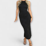 Elegantes ärmelloses Maxikleid mit Raffungen – Schwarz