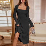 Émeline™-Kleid mit Quadratischem Ausschnitt und Taillierung – Schwarz
