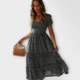 Retro Floral Puff Sleeve Maxi Dress – Schwarz