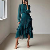 Lioren™ Kleid mit Edlem Plissee und Asymmetrischen Volants – Dunkelgrün