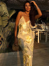Abendkleid mit Spaghettiträgern und gold-schimmerndem Rock für Damen – Gold