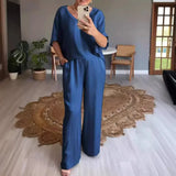 Marevielle™ Set Aus Satinartigem Stoff Mit Lockerer Bluse und Fließender Pantalonhose – Blau