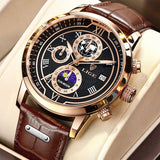 Chronographuhr mit hochwertigem Lederarmband – Gold Schwarz