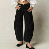 Damen Knopfverschluss Baggy Jeans – Schwarz