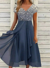 Caelina | Stilvolles Midi-Kleid – Silber-Blau