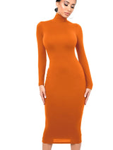 Damen Langarm Rollkragen Midi Etui Kleid – Orange