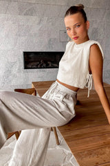Damen Leinen Set – Lockerer Schnitt – Lässiger Sommerlook – Beige