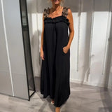 Neapel™ Maxikleid aus leichter Viskose mit Leo-Trägern und lockerem Fall – Schwarz