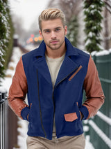 Javier - Zweifarbige Jacke mit Lederärmeln – Marineblau