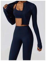Nahtlose Fitness-Leggings Mit Crop Top Mit Langen Ärmeln & Yoga-BH Für Aktive Frauen – Dunkelblau 3PC 2