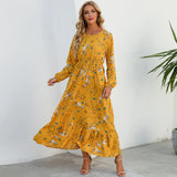 Damen Boho Maxikleid mit Blumenmuster | Langarm – Gelb