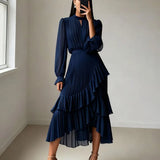Lioren™ Kleid mit Edlem Plissee und Asymmetrischen Volants – Dunkelblau