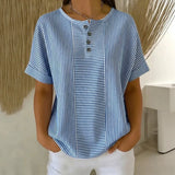 Euddora™ Bluse Mit Feinen Streifen und Knopfleiste – Blau