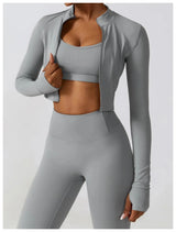 Nahtlose Fitness-Leggings Mit Crop Top Mit Langen Ärmeln & Yoga-BH Für Aktive Frauen – Grau 3PC 2