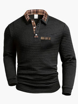 Herren-Polo mit langen Ärmeln im Casual-Stil mit kariertem Kragen, ideal für einen modernen und eleganten Look – Schwarz