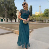 Athen™ Maxikleid mit kurzen transparenten Ärmeln und Stufenrock – Grün