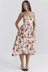 Abilene – Elegantes Midikleid aus Leinen – Rote Blume