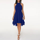 Zaleia – Elegantes Chiffonkleid mit hohem Kragen – Blau