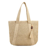Boho Strandtasche Damen – Handgewebter Shopper mit Quaste & Reißverschluss – Beige
