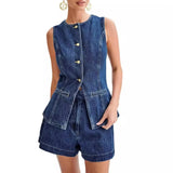 Elena | Stylisches Denim-Zweiteiler-Set mit Weste & Shorts – Marineblau