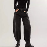 Damen-Baggy-Jeans mit elastischem Beinabschluss – Schwarz