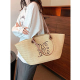 Boho Strohtasche Damen – Handgefertigte Strandtasche mit Kordelzug & Quasten – Khaki
