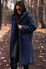 Damen Winter Kapuze Weich Langer Mantel | Warme – Dunkel Blau