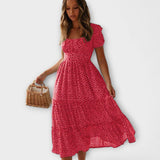 Retro Floral Puff Sleeve Maxi Dress – Rot