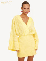 Clacive Herbst Lose Gelb Casual Frauen Kleider 2024 Sexy V-ausschnitt Langarm Mini Kleid Elegante Klassische Hohe Taille Weibliche Kleid – YELLOW
