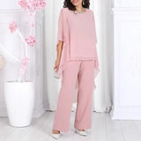 Aurevielle™ Set Mit Asymmetrischer Bluse in Lagenoptik und Weiter Pantalonhose – Pink