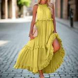 Damen Ärmellos A-Linie Maxi Sommerkleid – Gelb Grün
