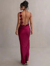 Cassiane - Satin Blumen Kleid – Weinrot