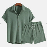 Jorvian - Strukturiertes Set aus Sommerhemd und Shorts – Olivgrün