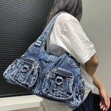 Damen Washed Denim Handtasche Großes Fassungsvermögen Distressed Gradient Schultertasche – Blau