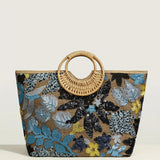 Damen Abendtasche Mit Glänzenden Paillettenblumen, Woven Große Kapazität Strandtasche Für Reisen – Blau