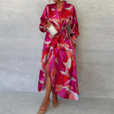 Damen Elegante Wickelkleid Mit Blumenmuster | Maxi – Rot / Rosa