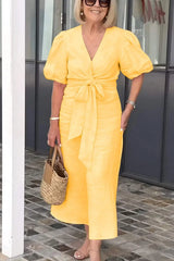 Natasha - Elegantes V-Ausschnitt Kleid – Gelb