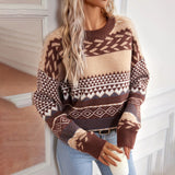 Le Clair | Retro Pullover mit Kontrast gestrickt – Kaffee